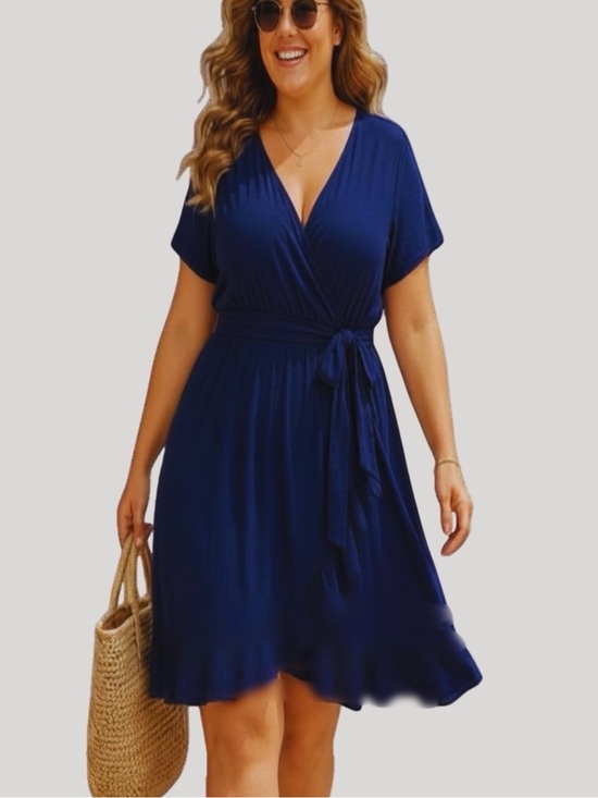 torrid Dresses & Skirts - torrid Plus Size V-Neck Faux Wrap Dress in Navy Blue with Removable Tie Belt